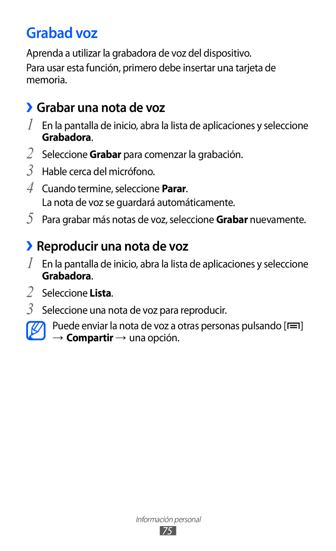 Samsung GT-S5570EGIATL, GT-S5570CWITMN manual Grabad voz, ››Grabar una nota de voz, ››Reproducir una nota de voz, Grabadora 