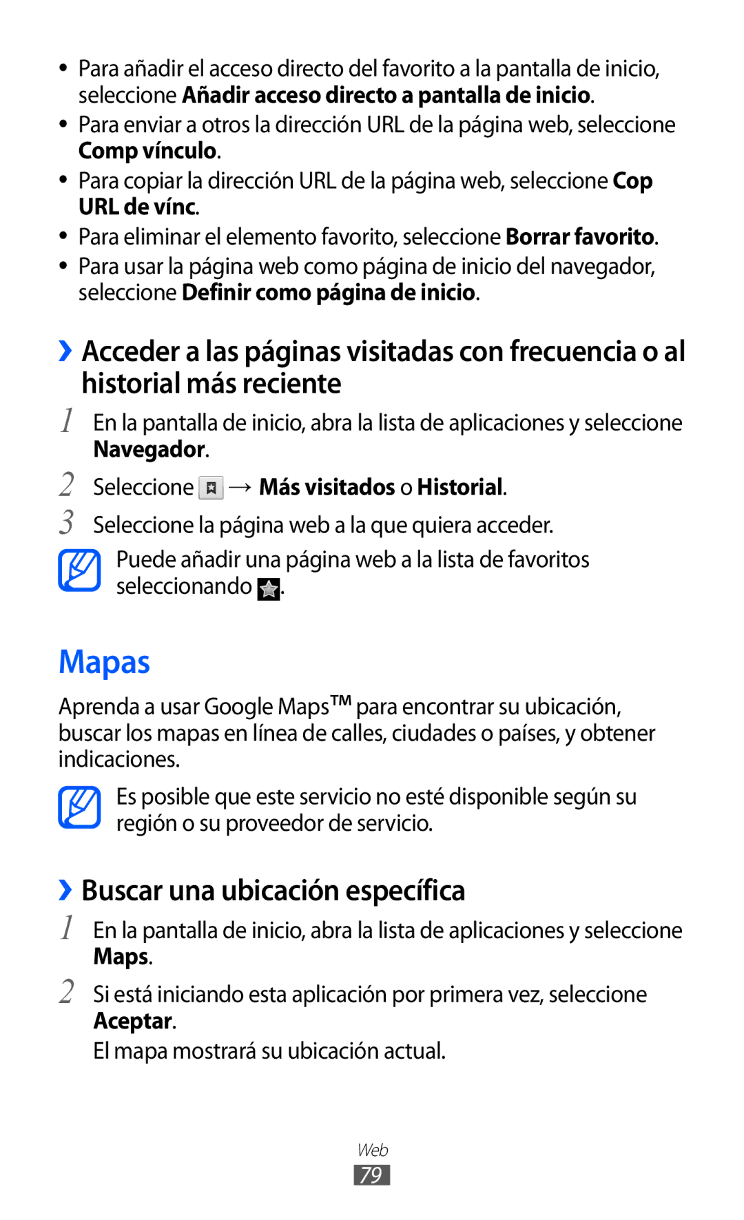 Samsung GT-S5570MOIATL manual Mapas, ››Buscar una ubicación específica, Navegador Seleccione → Más visitados o Historial 