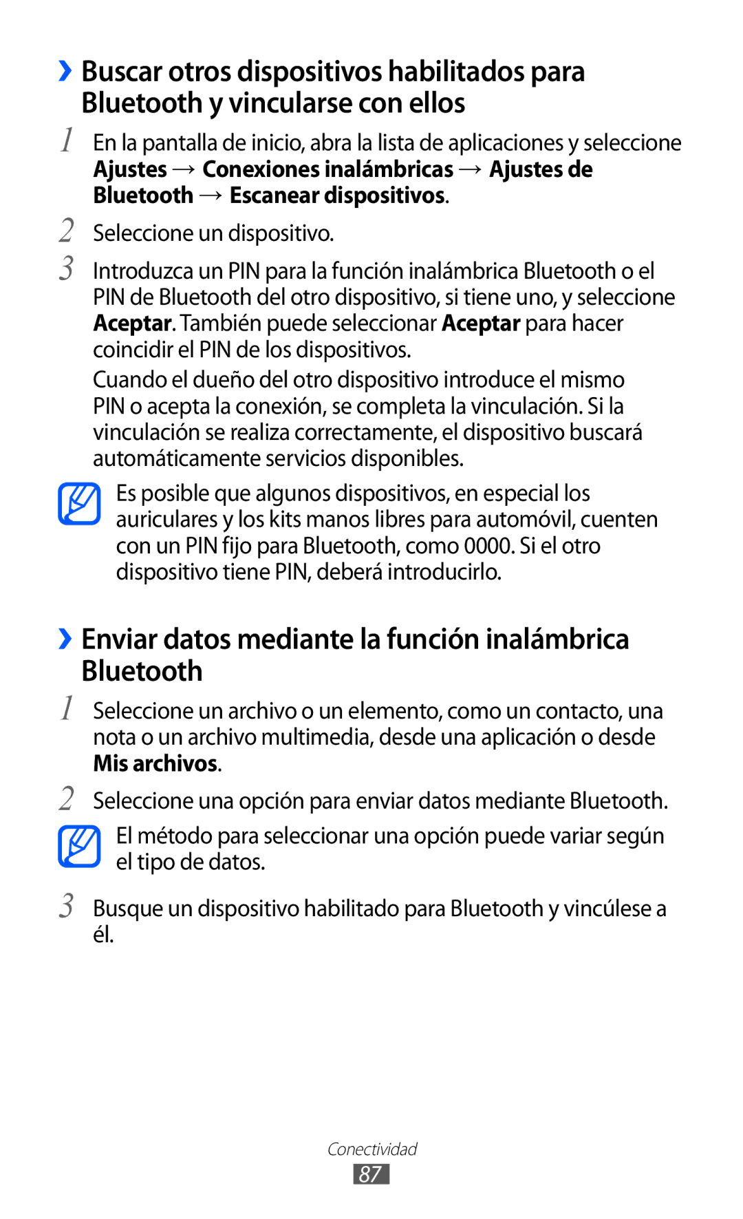 Samsung GT-S5570EGIYOG, GT-S5570CWITMN, GT-S5570MOIATL manual ››Enviar datos mediante la función inalámbrica Bluetooth 