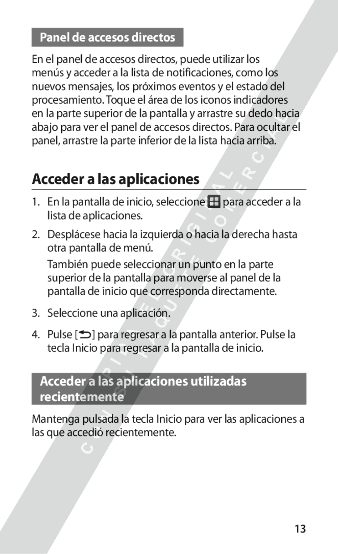 Samsung GT-S5570CWIAMN, GT-S5570CWITMN Acceder a las aplicaciones, Panel de accesos directos, Seleccione una aplicación 