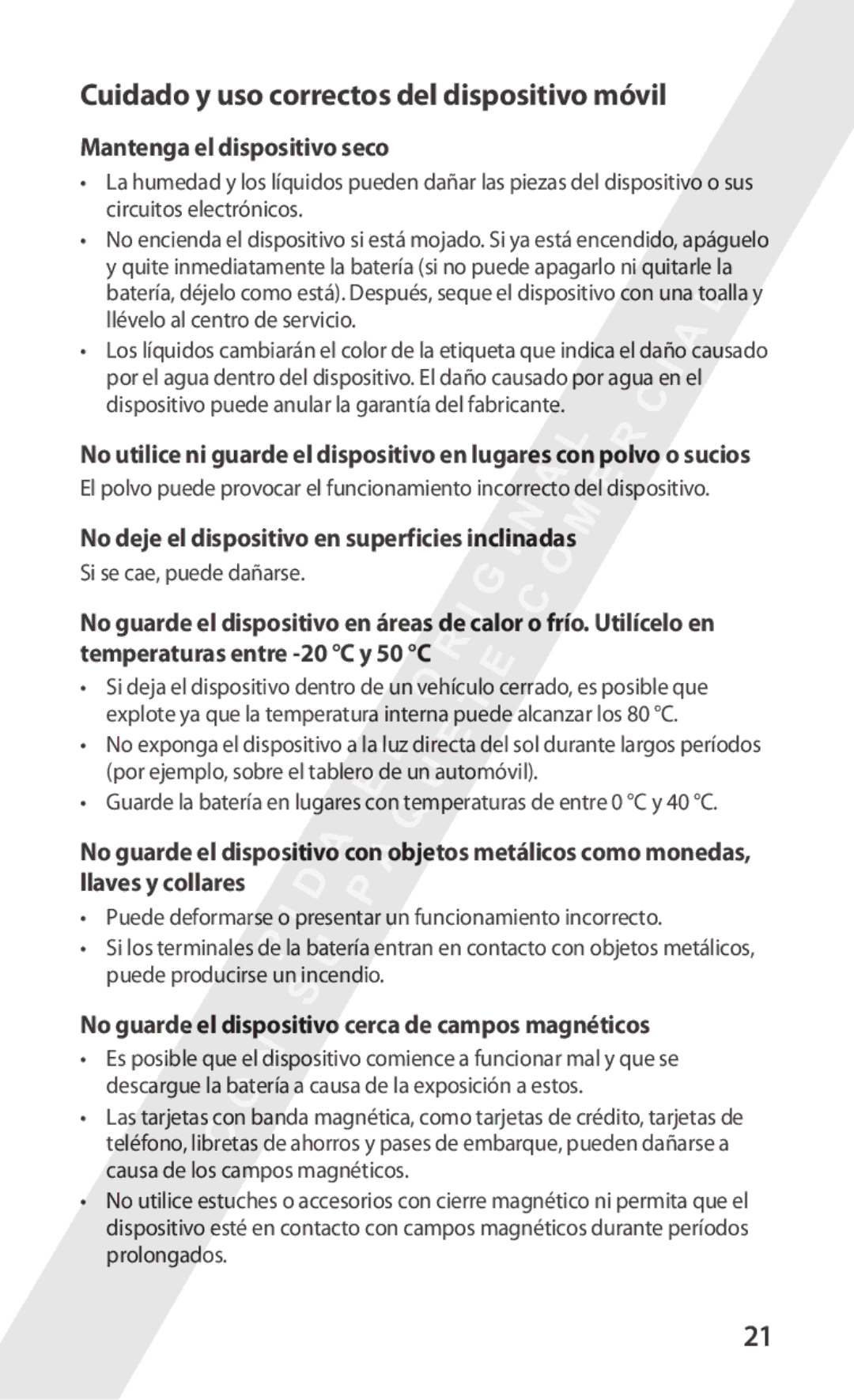 Samsung GT-S5570AAIAMN, GT-S5570CWITMN manual Mantenga el dispositivo seco, No deje el dispositivo en superficies inclinadas 