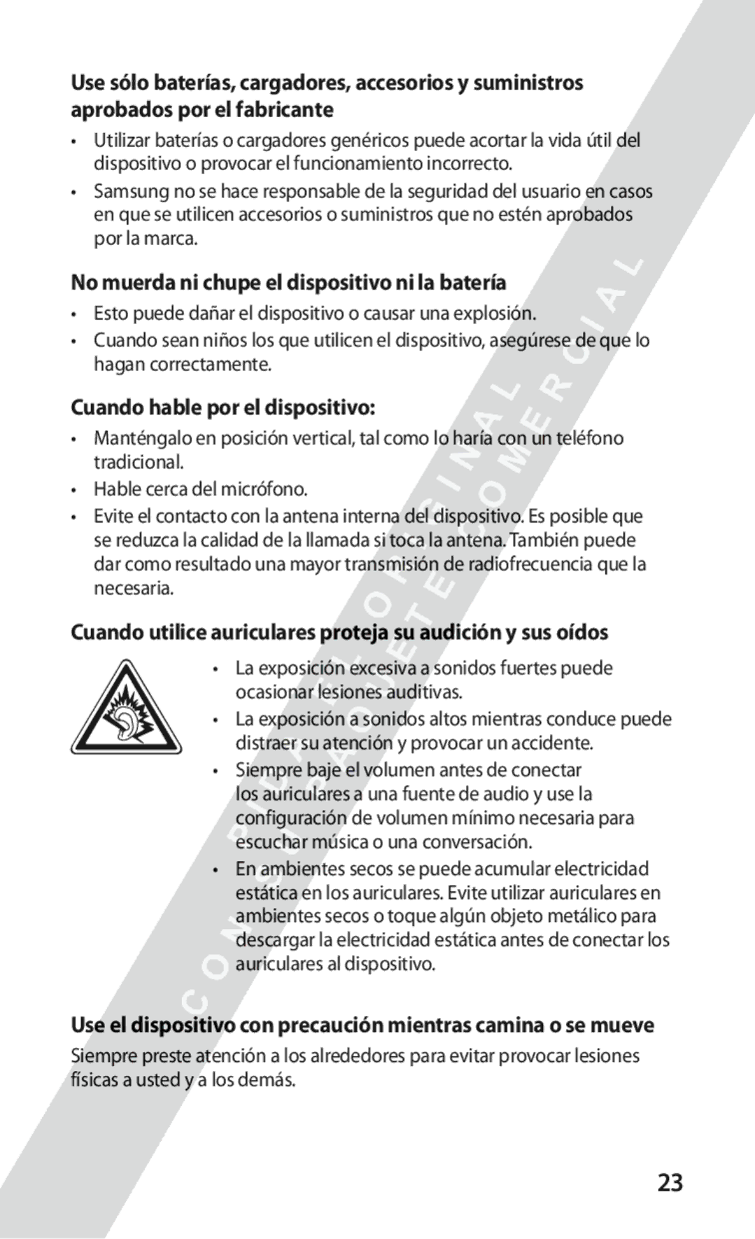 Samsung GT-S5570EGIATL, GT-S5570CWITMN No muerda ni chupe el dispositivo ni la batería, Cuando hable por el dispositivo 