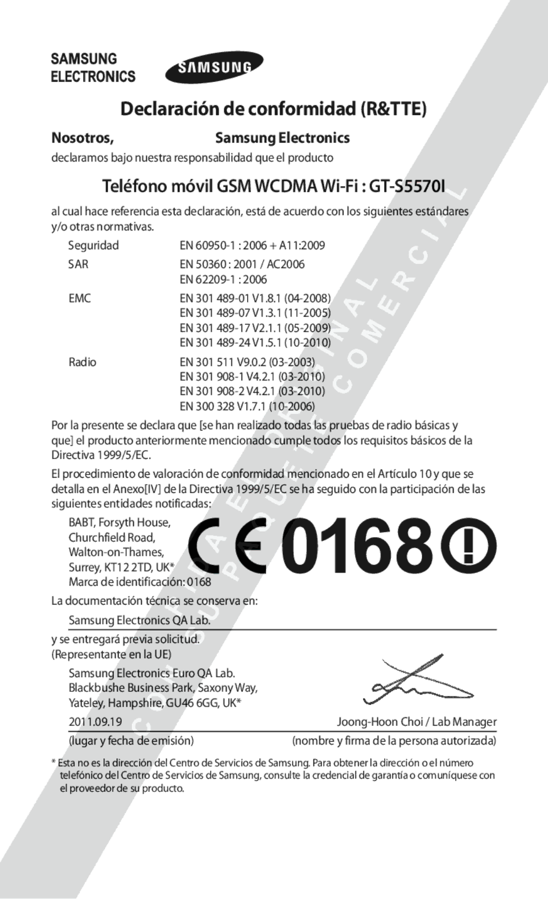 Samsung GT-S5570CWIYOG, GT-S5570CWITMN, GT-S5570MOIATL, GT-S5570MAIATL manual Declaración de conformidad R&TTE, Nosotros 