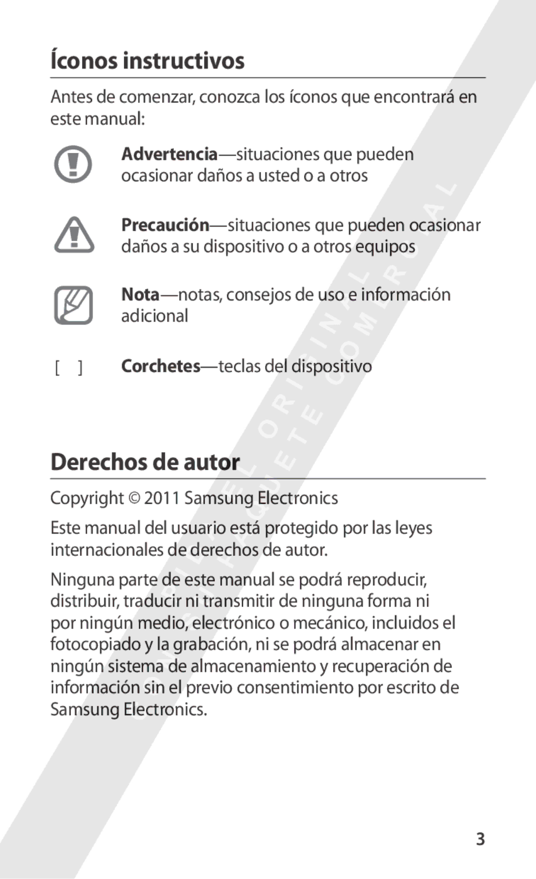 Samsung GT-S5570CWIYOG, GT-S5570CWITMN manual Íconos instructivos, Derechos de autor, Copyright 2011 Samsung Electronics 