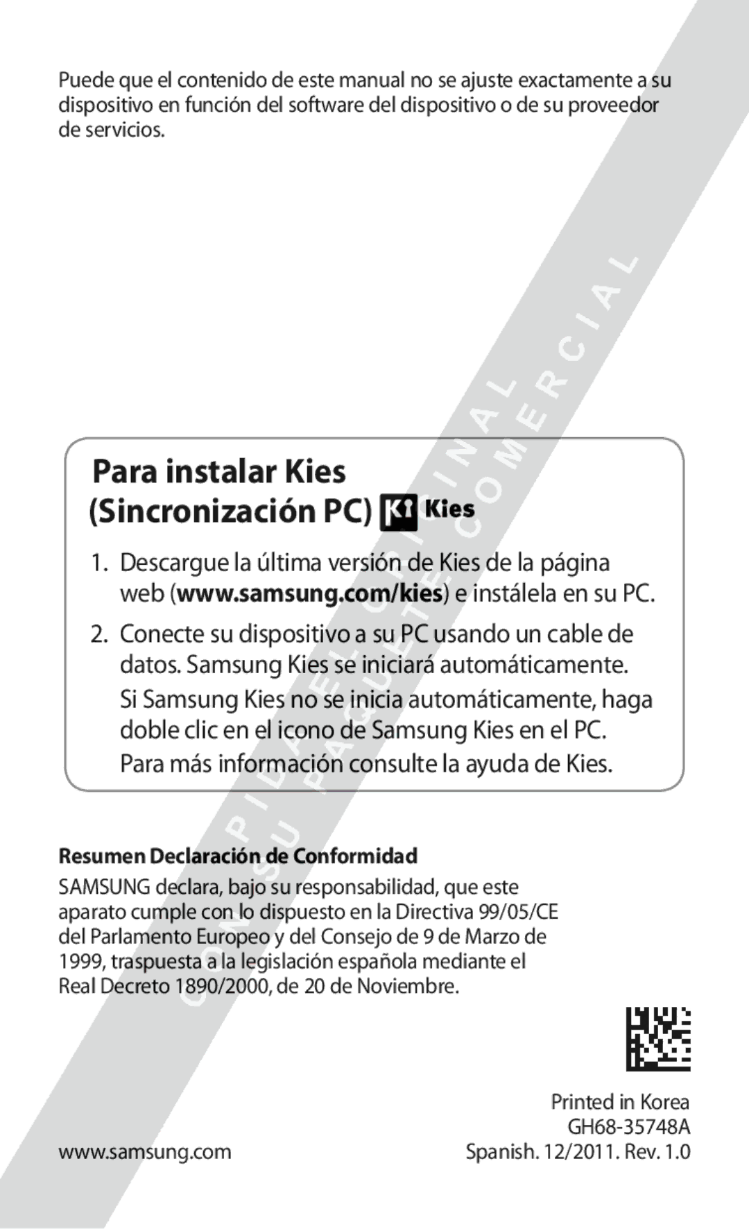 Samsung GT-S5570CWIPHE, GT-S5570CWITMN manual Para instalar Kies Sincronización PC, Resumen Declaración de Conformidad 