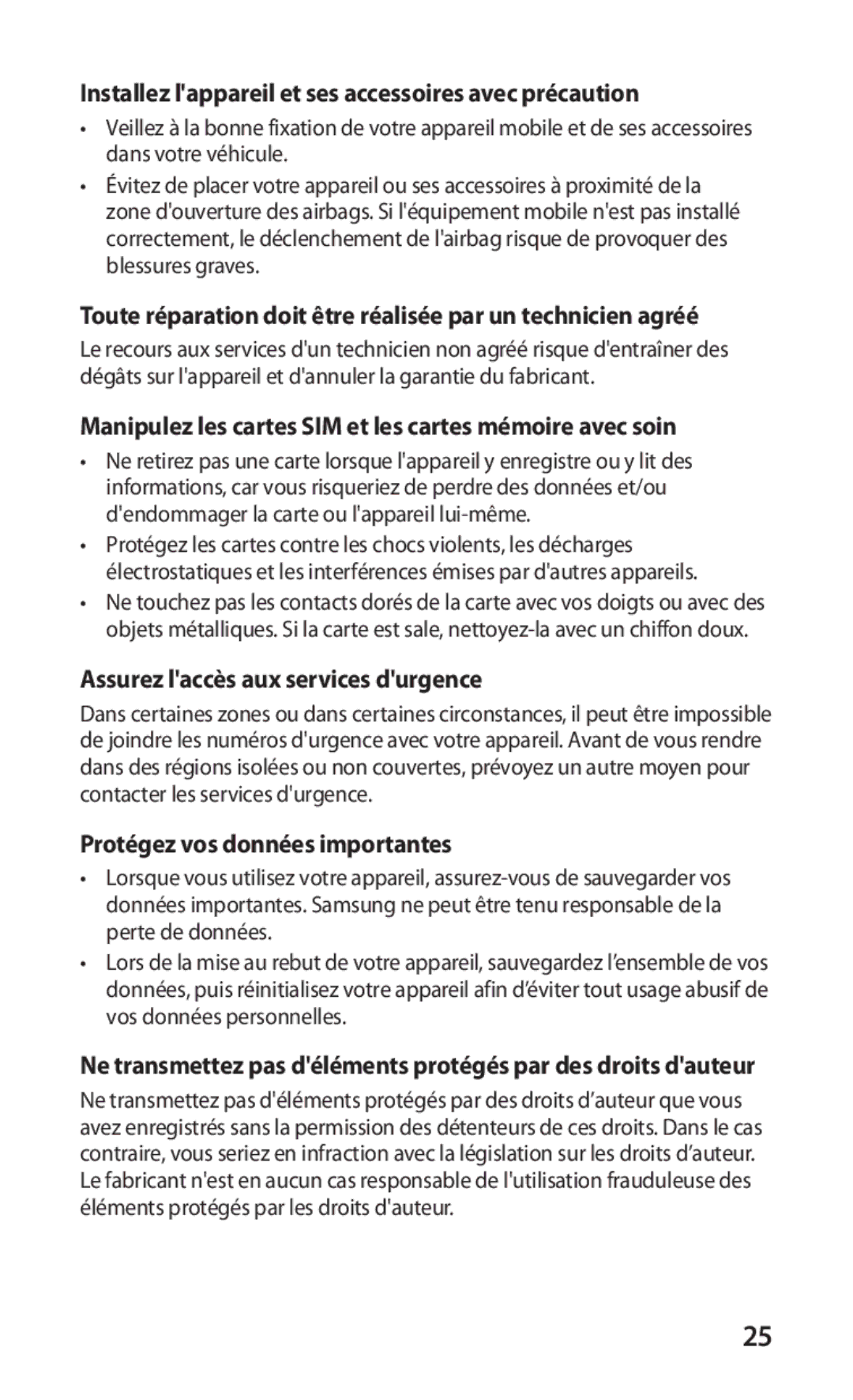 Samsung GT-S5570CWIVGF manual Installez lappareil et ses accessoires avec précaution, Assurez laccès aux services durgence 