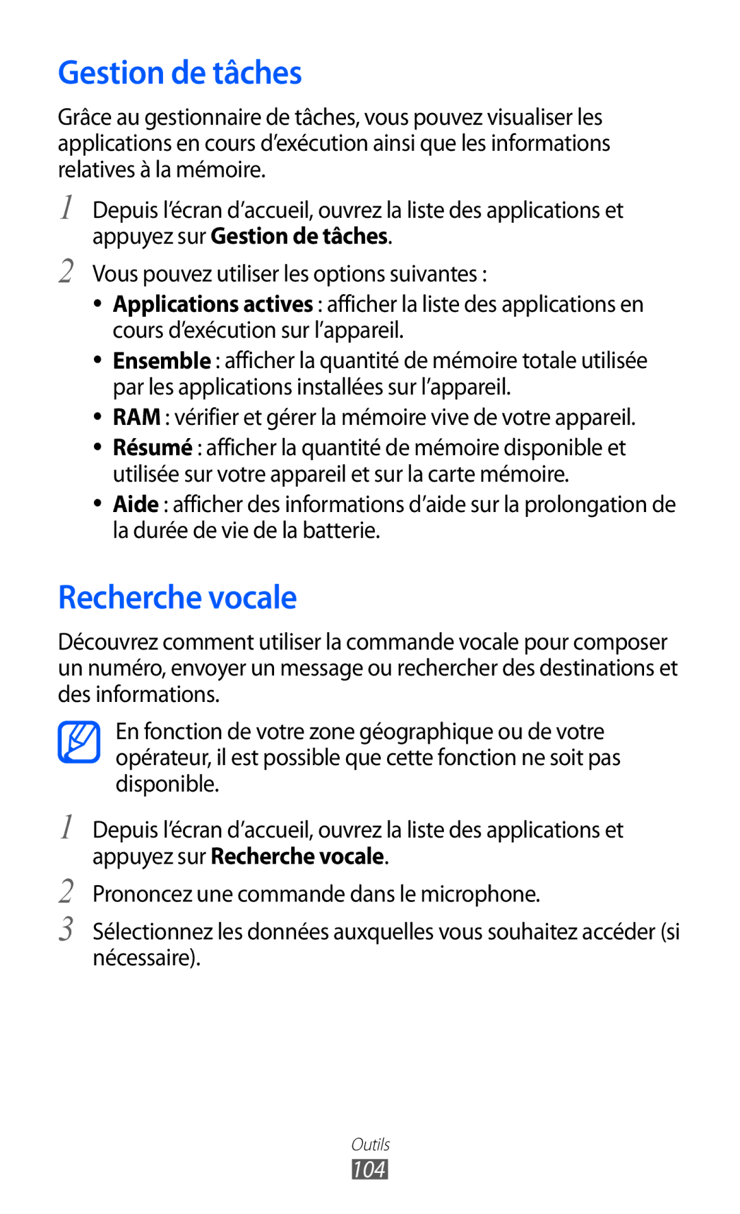 Samsung GT-S5570CWIXEF, GT-S5570CWIVGF, GT-S5570AAINRJ, GT-S5570AAIBOG manual Gestion de tâches, Recherche vocale, 104 