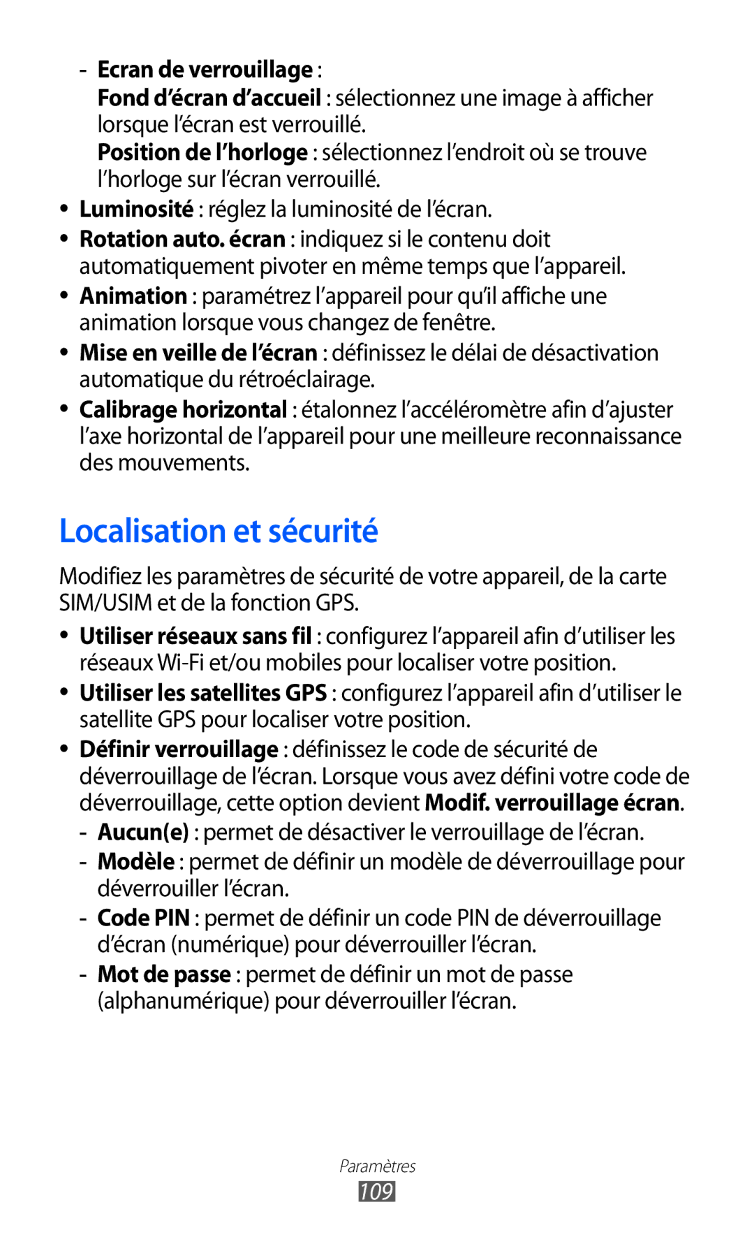 Samsung GT-S5570AAISFR, GT-S5570CWIXEF, GT-S5570CWIVGF, GT-S5570AAINRJ Localisation et sécurité, Ecran de verrouillage, 109 