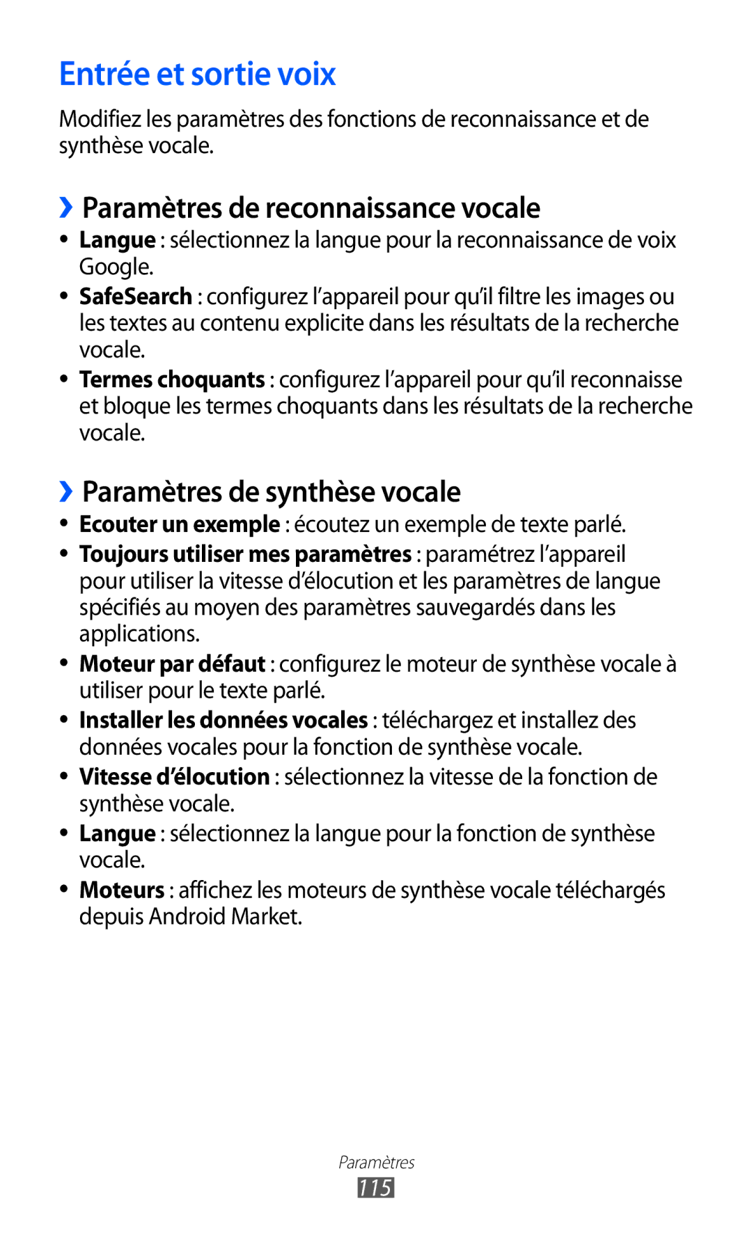 Samsung GT-S5570AAIBOG Entrée et sortie voix, ››Paramètres de reconnaissance vocale, ››Paramètres de synthèse vocale, 115 