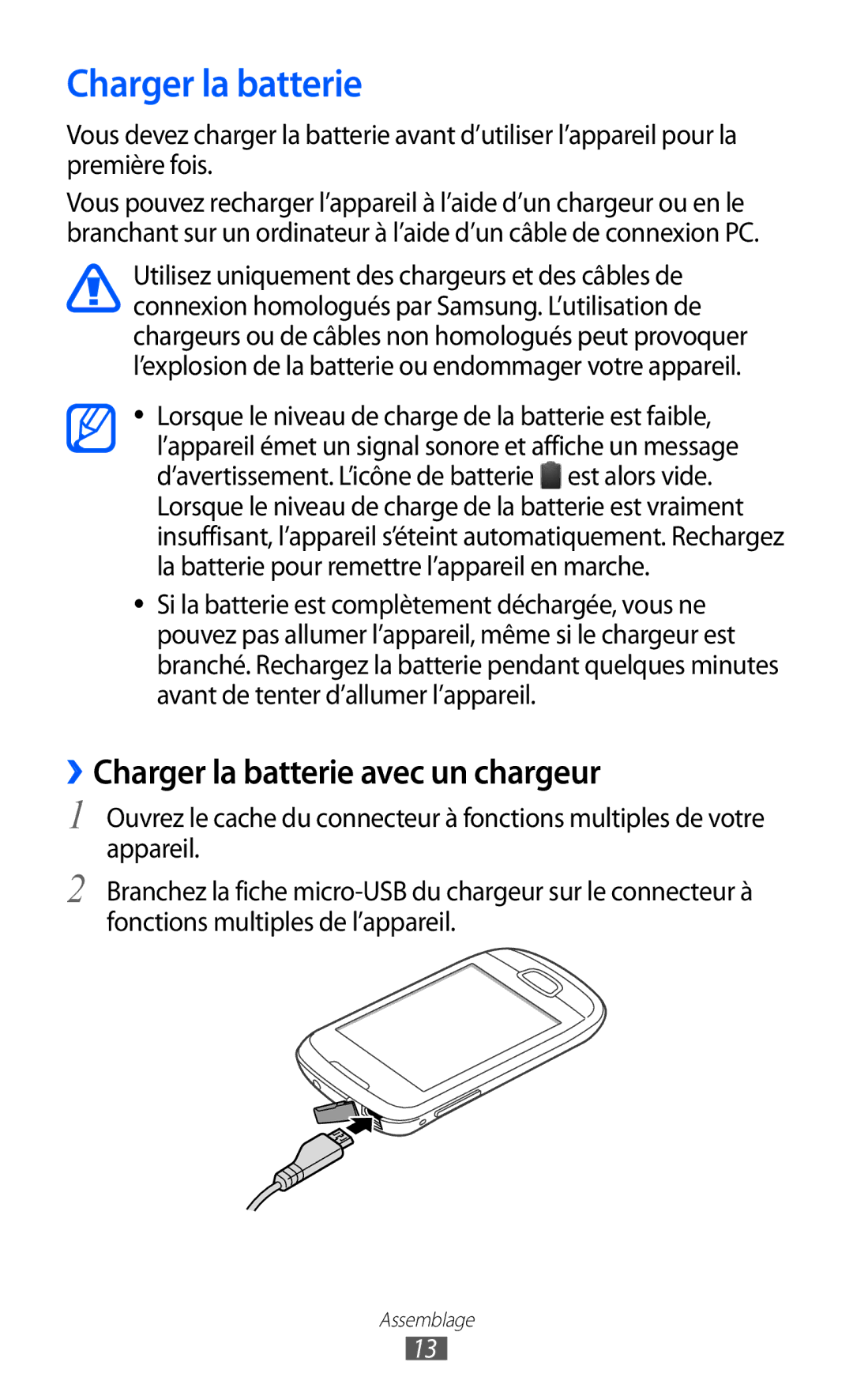 Samsung GT-S5570AAISFR, GT-S5570CWIXEF, GT-S5570CWIVGF, GT-S5570AAINRJ manual ››Charger la batterie avec un chargeur 