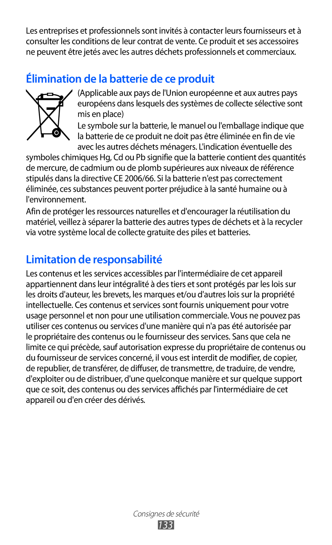 Samsung GT-S5570AAISFR, GT-S5570CWIXEF, GT-S5570CWIVGF, GT-S5570AAINRJ manual Élimination de la batterie de ce produit, 133 