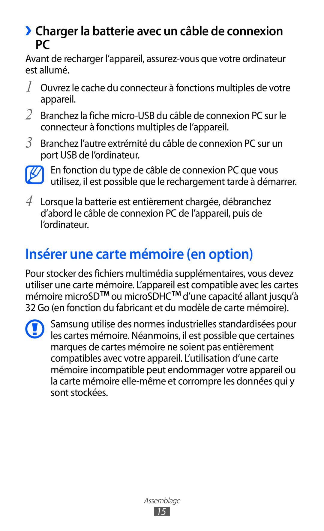 Samsung GT-S5570AAIVGF manual Insérer une carte mémoire en option, ››Charger la batterie avec un câble de connexion 