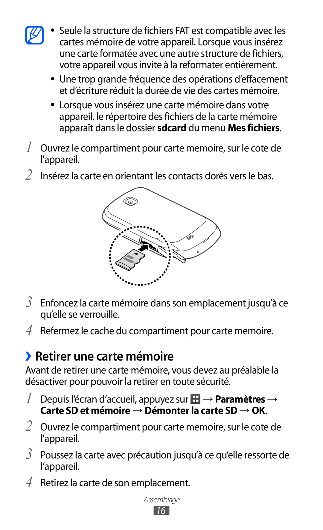 Samsung GT-S5570CWIXEF, GT-S5570CWIVGF, GT-S5570AAINRJ, GT-S5570AAIBOG, GT-S5570AAIXEF manual ››Retirer une carte mémoire 