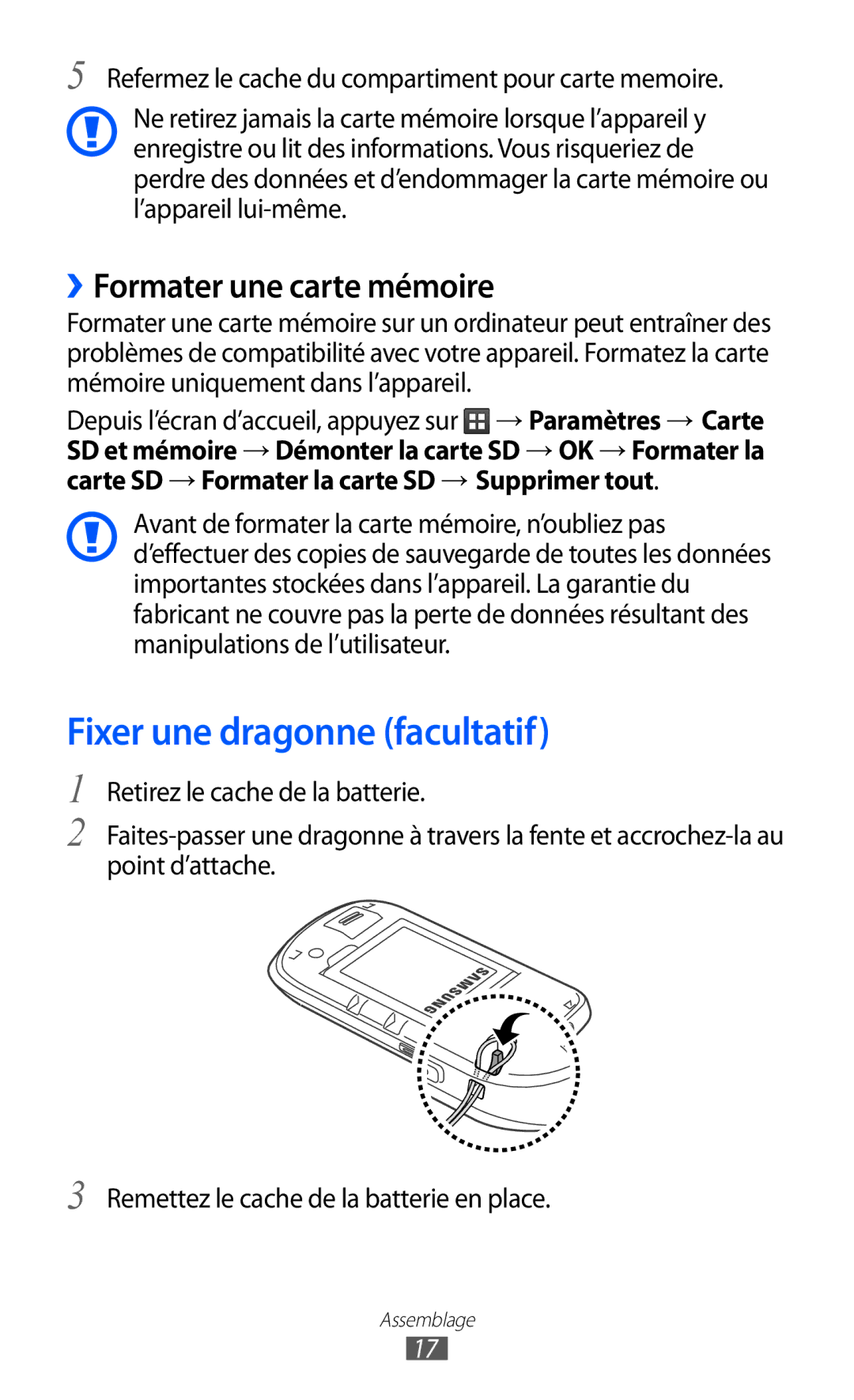 Samsung GT-S5570CWIVGF, GT-S5570CWIXEF, GT-S5570AAINRJ manual Fixer une dragonne facultatif, ››Formater une carte mémoire 