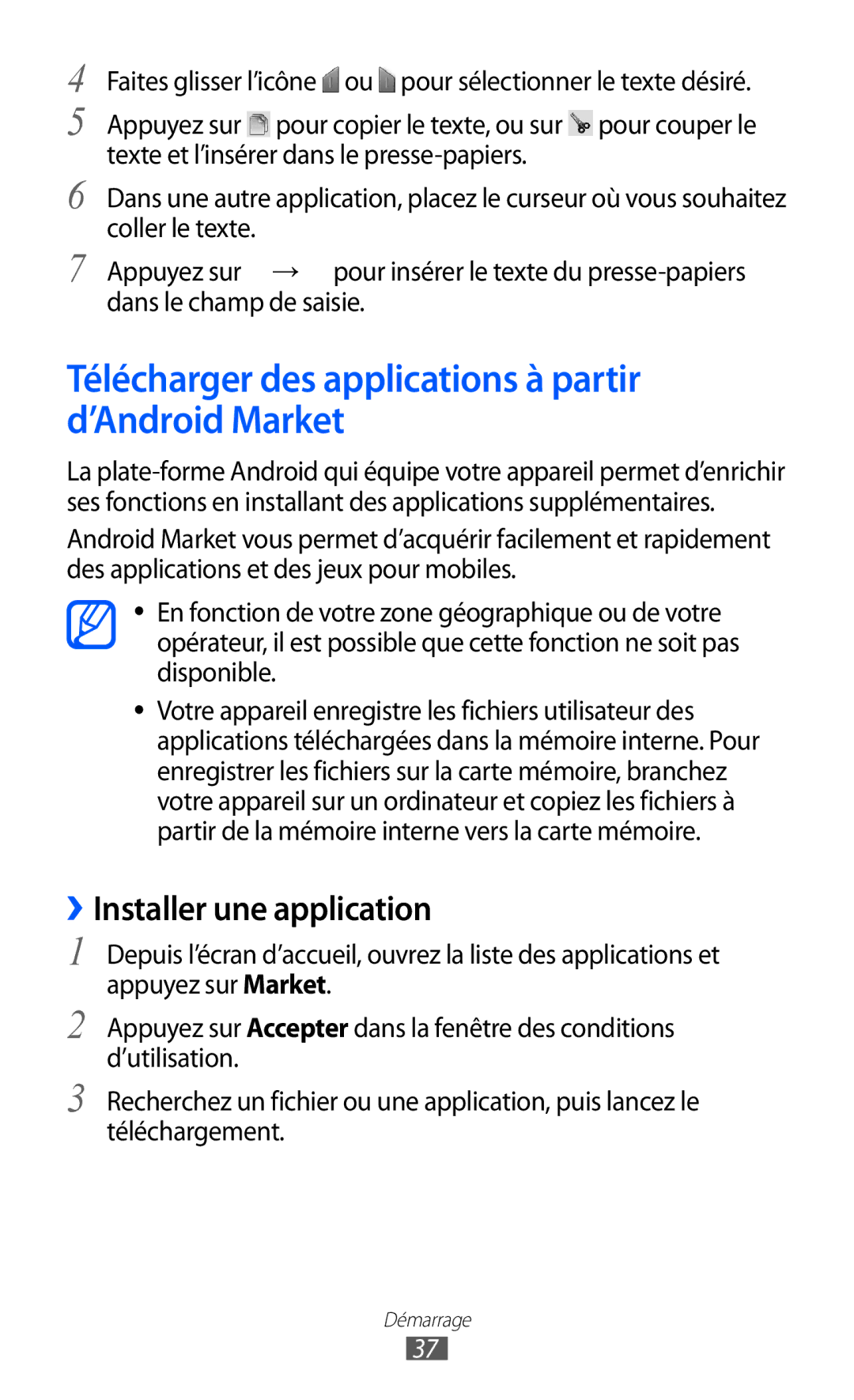 Samsung GT-S5570AAISFR, GT-S5570CWIXEF Télécharger des applications à partir d’Android Market, ››Installer une application 