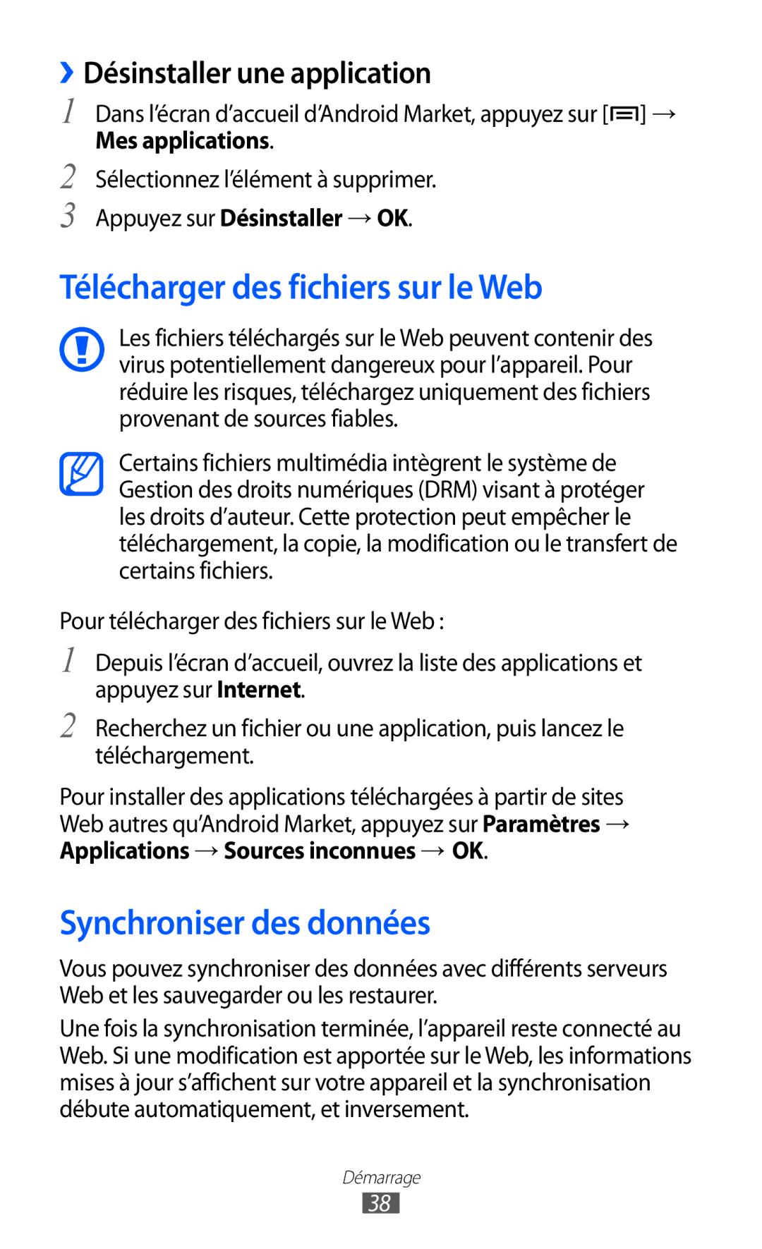 Samsung GT-S5570AAILPM manual Télécharger des fichiers sur le Web, Synchroniser des données, ››Désinstaller une application 