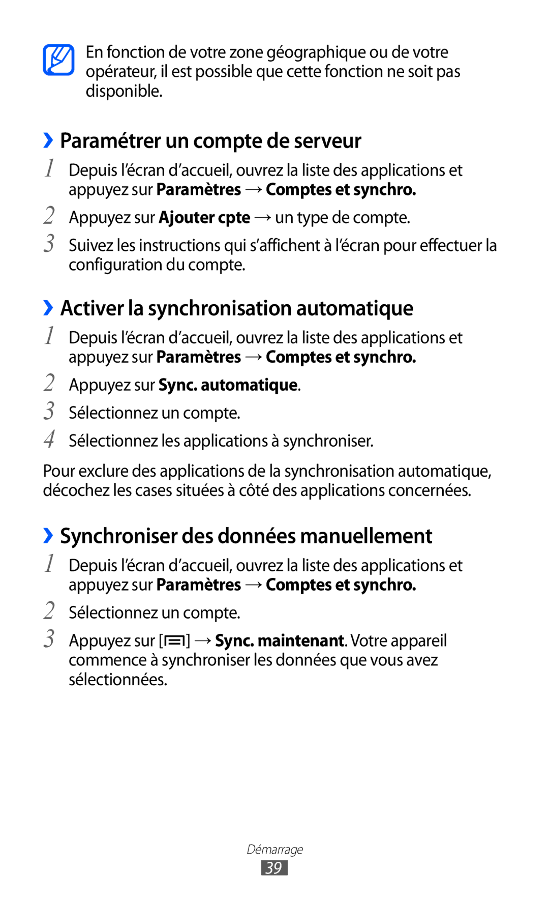 Samsung GT-S5570AAIVGF, GT-S5570CWIXEF manual ››Paramétrer un compte de serveur, ››Activer la synchronisation automatique 