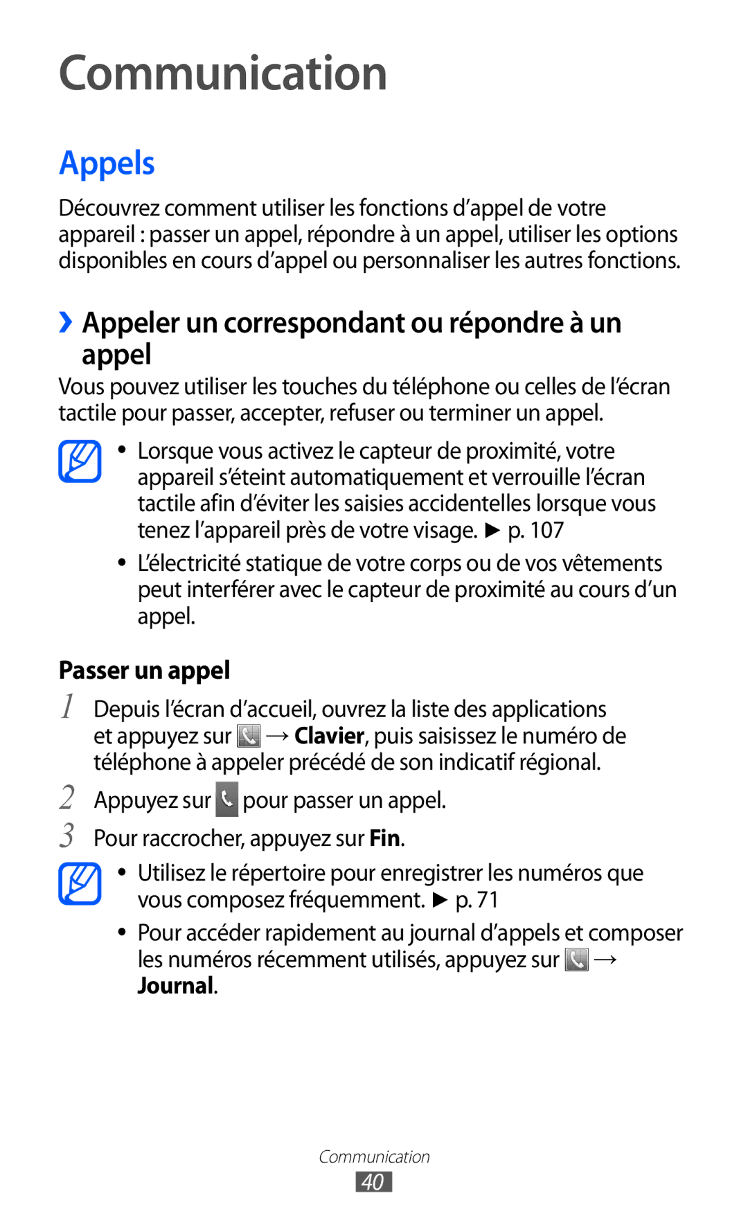 Samsung GT-S5570CWIXEF, GT-S5570CWIVGF manual Communication, Appels, ››Appeler un correspondant ou répondre à un appel 