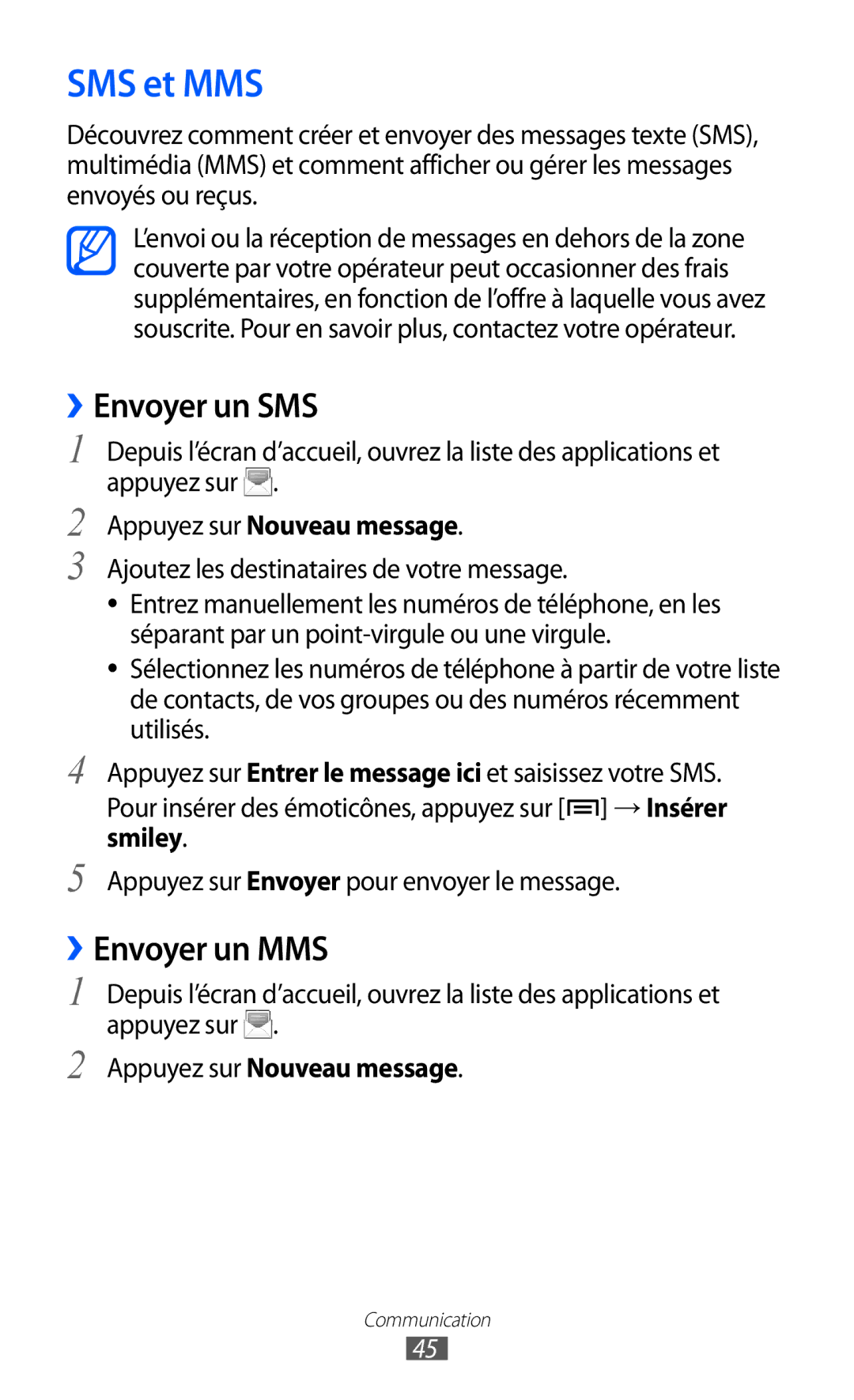 Samsung GT-S5570AAISFR, GT-S5570CWIXEF manual SMS et MMS, ››Envoyer un SMS, ››Envoyer un MMS, Appuyez sur Nouveau message 