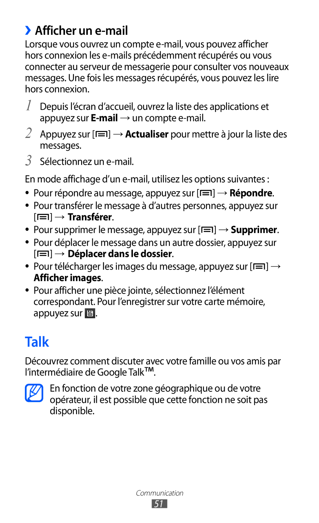 Samsung GT-S5570AAIBOG, GT-S5570CWIXEF, GT-S5570CWIVGF, GT-S5570AAINRJ, GT-S5570AAIXEF manual Talk, ››Afficher un e-mail 