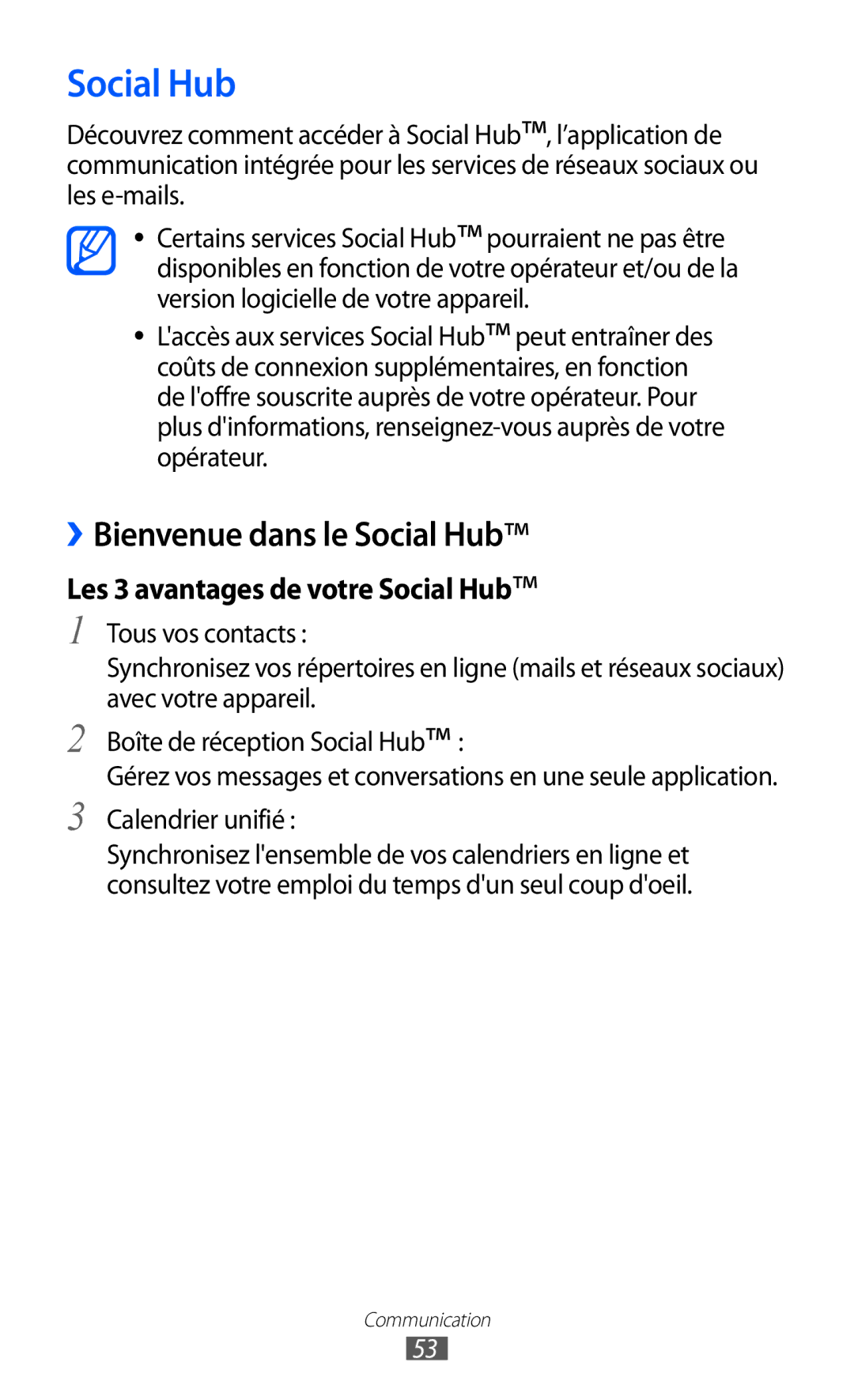 Samsung GT-S5570AAISFR, GT-S5570CWIXEF, GT-S5570CWIVGF, GT-S5570AAINRJ, GT-S5570AAIBOG manual Social Hub, Calendrier unifié 