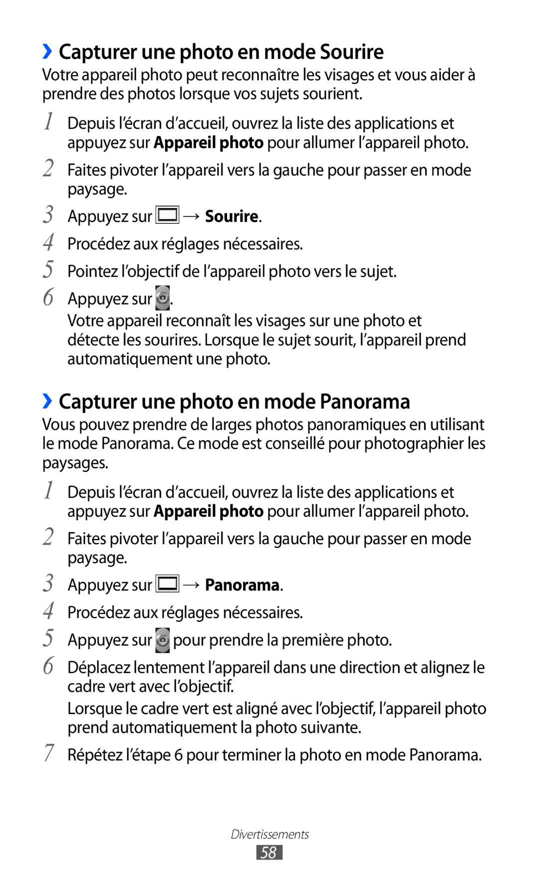 Samsung GT-S5570AAINRJ, GT-S5570CWIXEF manual ››Capturer une photo en mode Sourire, ››Capturer une photo en mode Panorama 