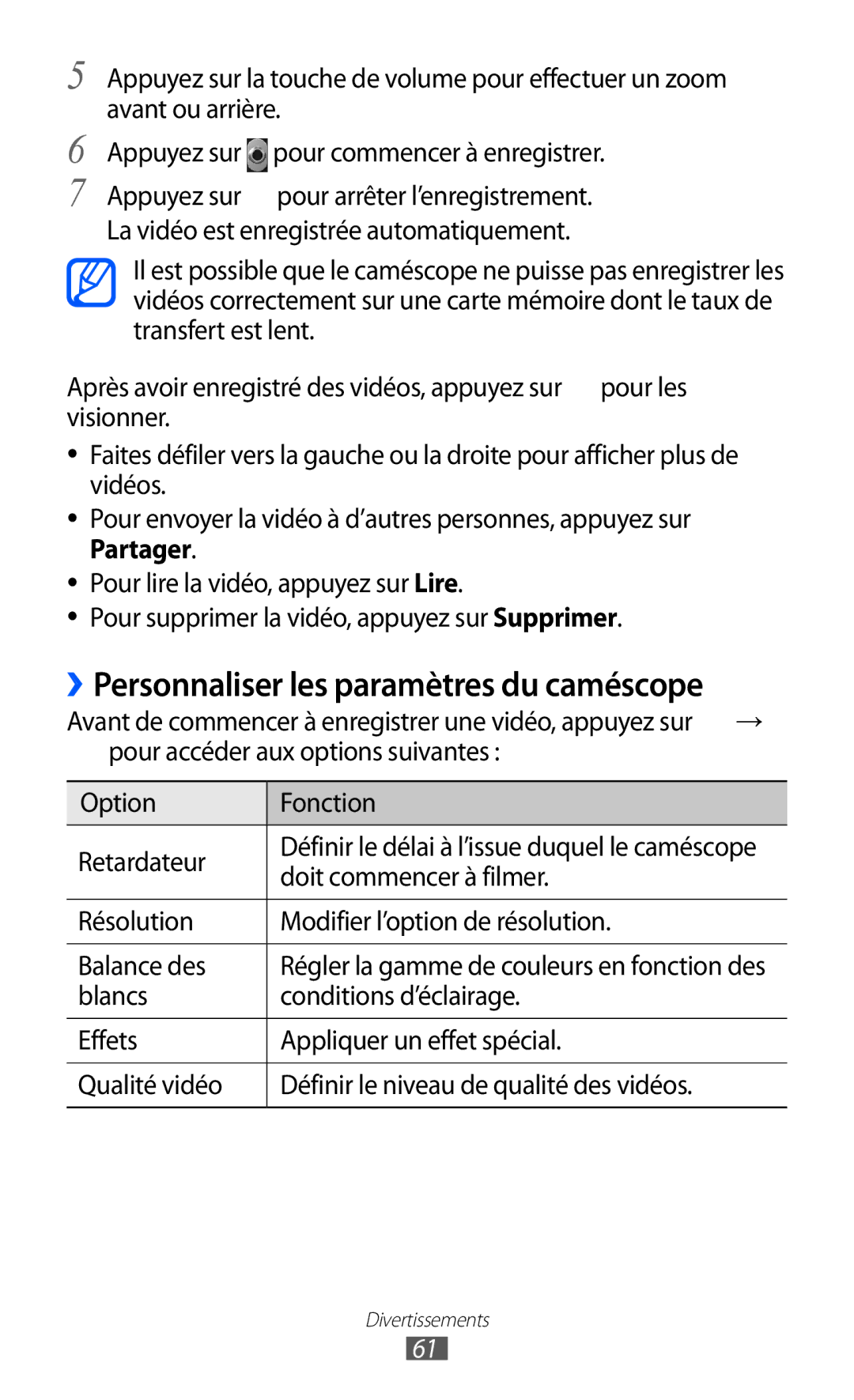 Samsung GT-S5570AAISFR, GT-S5570CWIXEF, GT-S5570CWIVGF, GT-S5570AAINRJ manual ››Personnaliser les paramètres du caméscope 