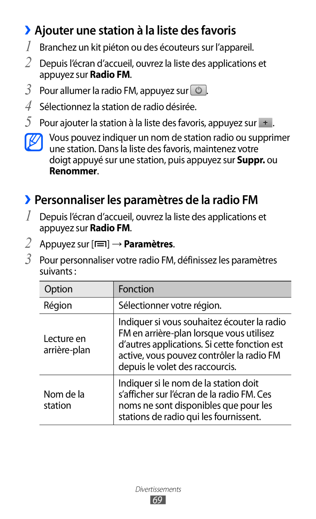 Samsung GT-S5570AAISFR manual ››Ajouter une station à la liste des favoris, ››Personnaliser les paramètres de la radio FM 