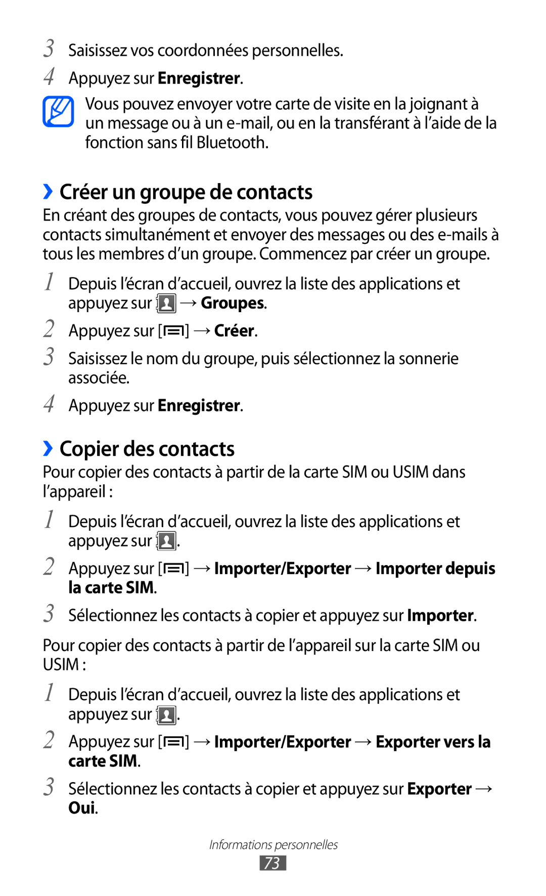 Samsung GT-S5570CWIVGF, GT-S5570CWIXEF, GT-S5570AAINRJ manual ››Créer un groupe de contacts, ››Copier des contacts, Oui 