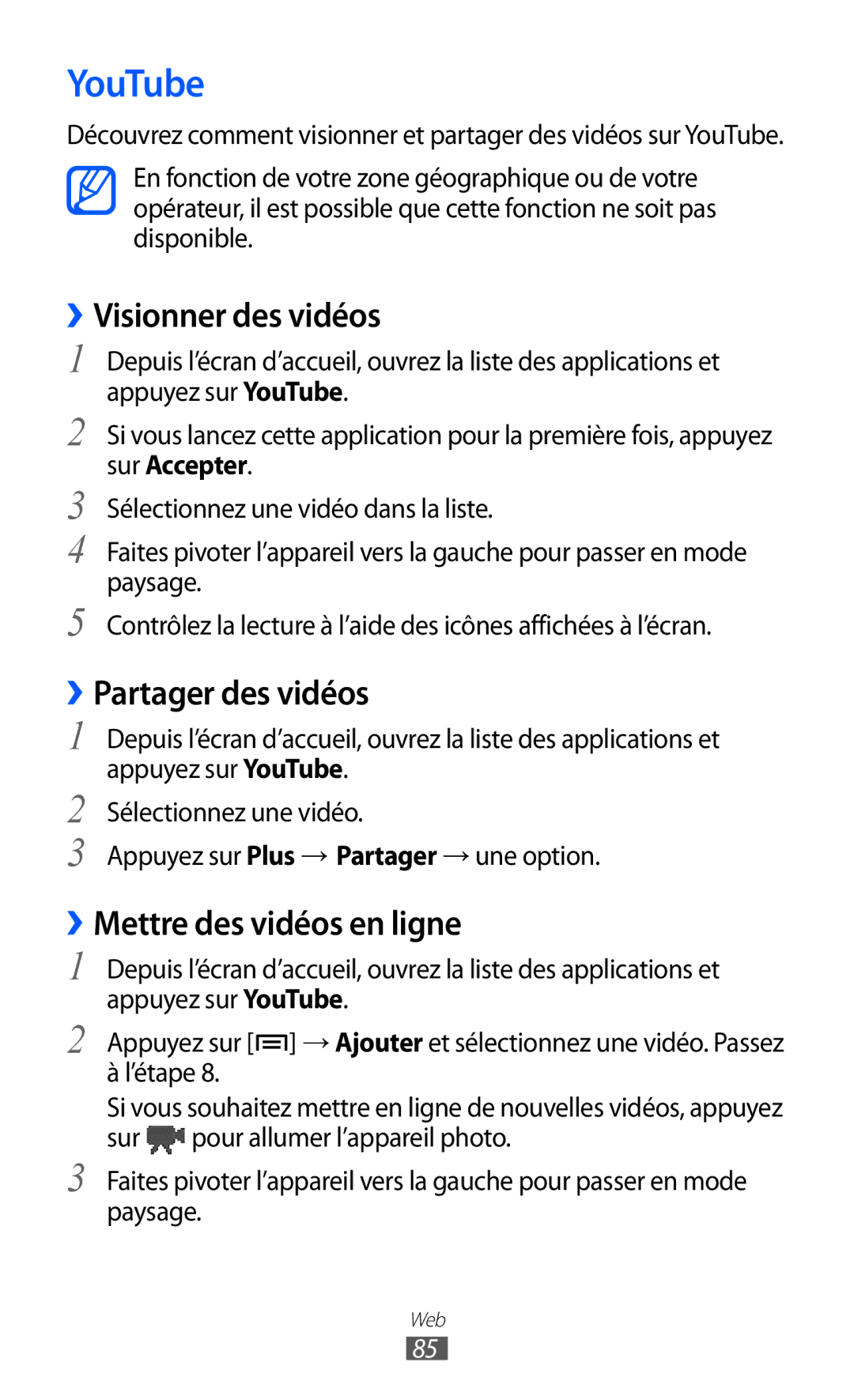 Samsung GT-S5570AAISFR manual YouTube, ››Visionner des vidéos, ››Partager des vidéos, ››Mettre des vidéos en ligne 