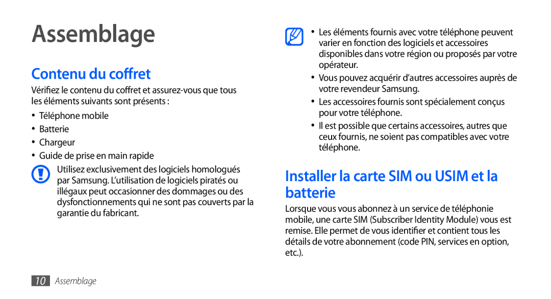 Samsung GT-S5570AAAXEF, GT-S5570EGABOG manual Assemblage, Contenu du coffret, Installer la carte SIM ou Usim et la batterie 