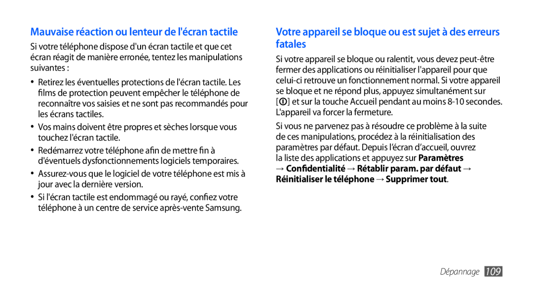 Samsung GT-S5570AAALPM, GT-S5570EGABOG, GT-S5570AAASFR manual Votre appareil se bloque ou est sujet à des erreurs fatales 