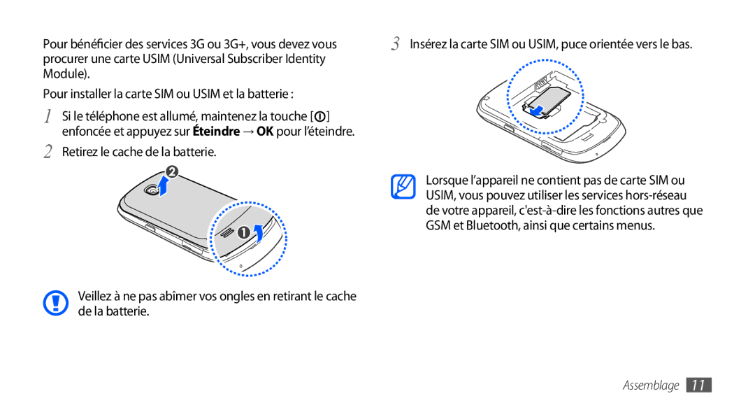 Samsung GT-S5570AAAVGF manual Module Pour installer la carte SIM ou Usim et la batterie, Retirez le cache de la batterie 