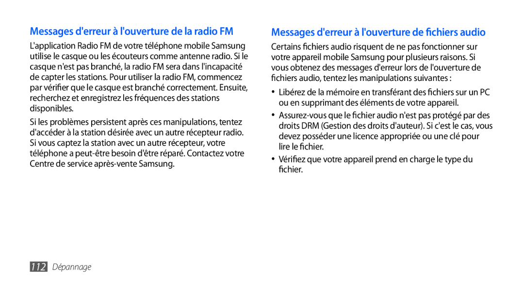 Samsung GT-S5570EGAXEF, GT-S5570EGABOG, GT-S5570AAALPM, GT-S5570AAASFR manual Messages derreur à louverture de la radio FM 