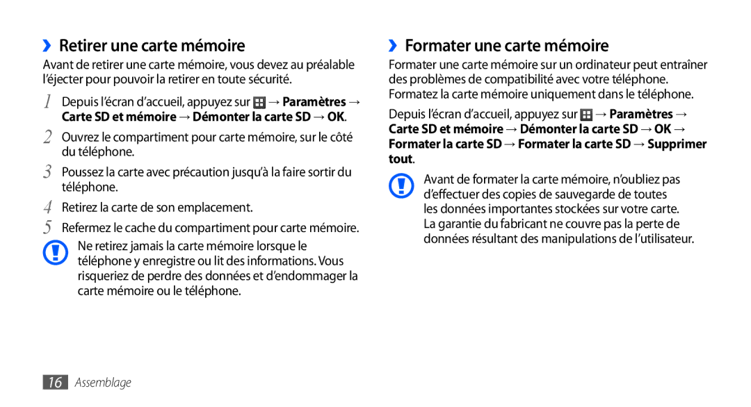 Samsung GT-S5570CWAXEF, GT-S5570EGABOG ››Retirer une carte mémoire, ››Formater une carte mémoire, Du téléphone, Téléphone 