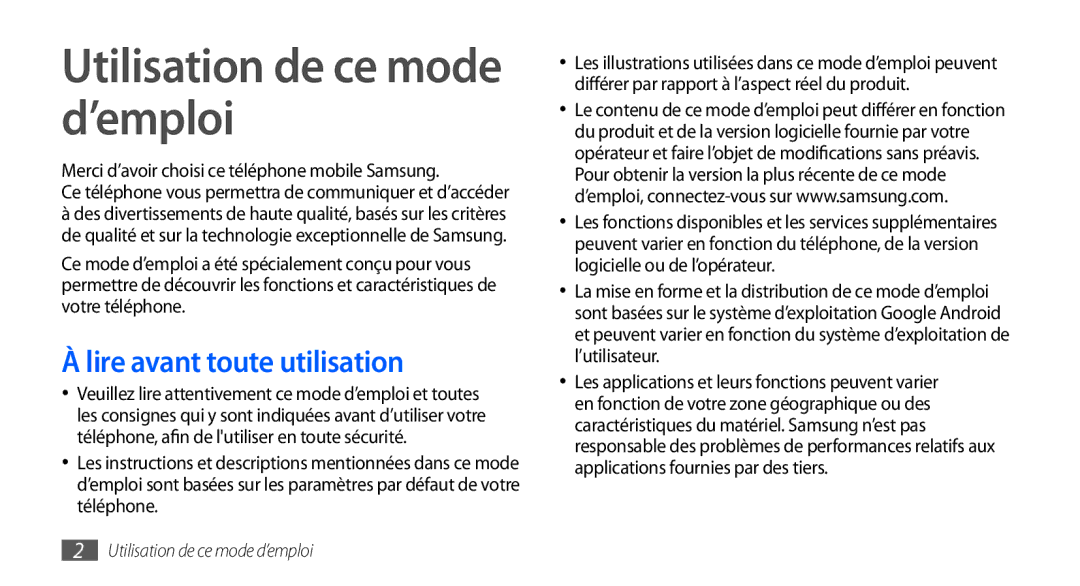 Samsung GT-S5570AAASFR, GT-S5570EGABOG, GT-S5570AAALPM manual Utilisation de ce mode d’emploi, Lire avant toute utilisation 