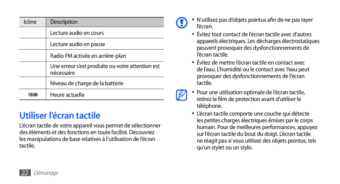 Samsung GT-S5570AAAVVT manual Utiliser l’écran tactile, Nécessaire, Niveau de charge de la batterie, Heure actuelle 