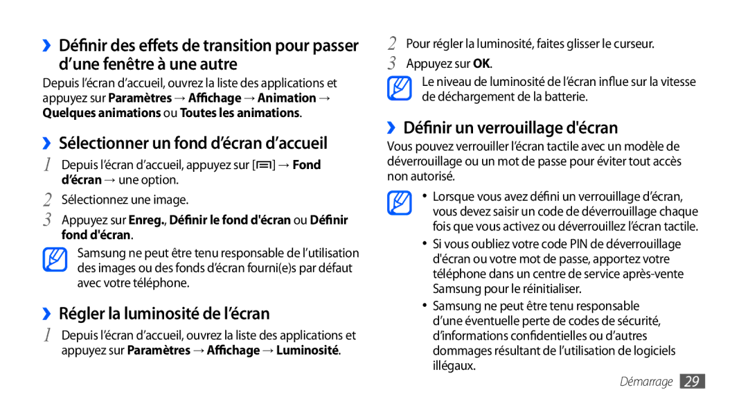 Samsung GT-S5570AAASFR, GT-S5570EGABOG ››Régler la luminosité de l’écran, ››Définir un verrouillage décran, Appuyez sur OK 