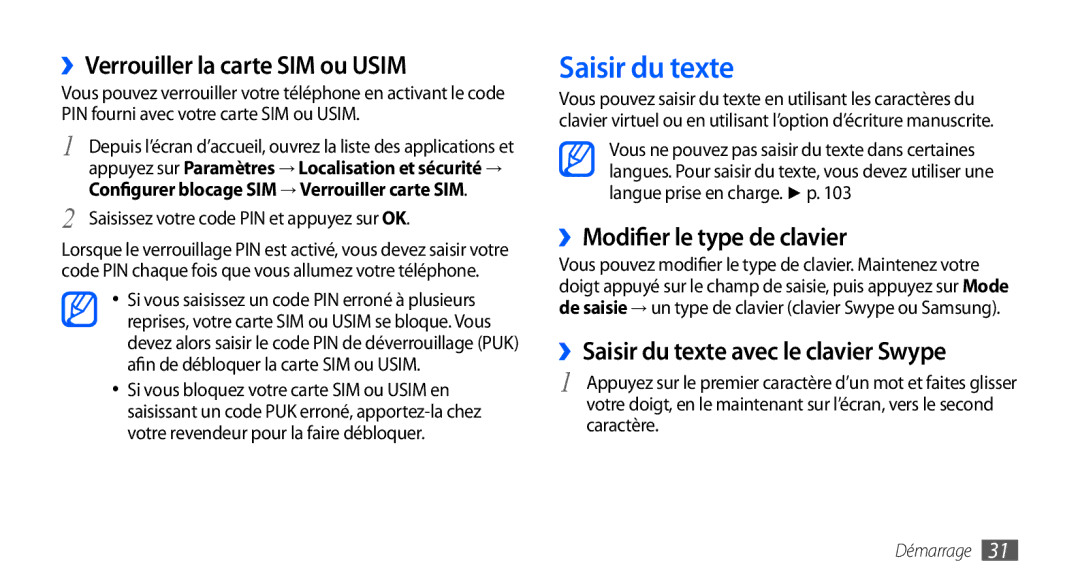 Samsung GT-S5570EGAXEF, GT-S5570EGABOG Saisir du texte, ››Verrouiller la carte SIM ou Usim, ››Modifier le type de clavier 