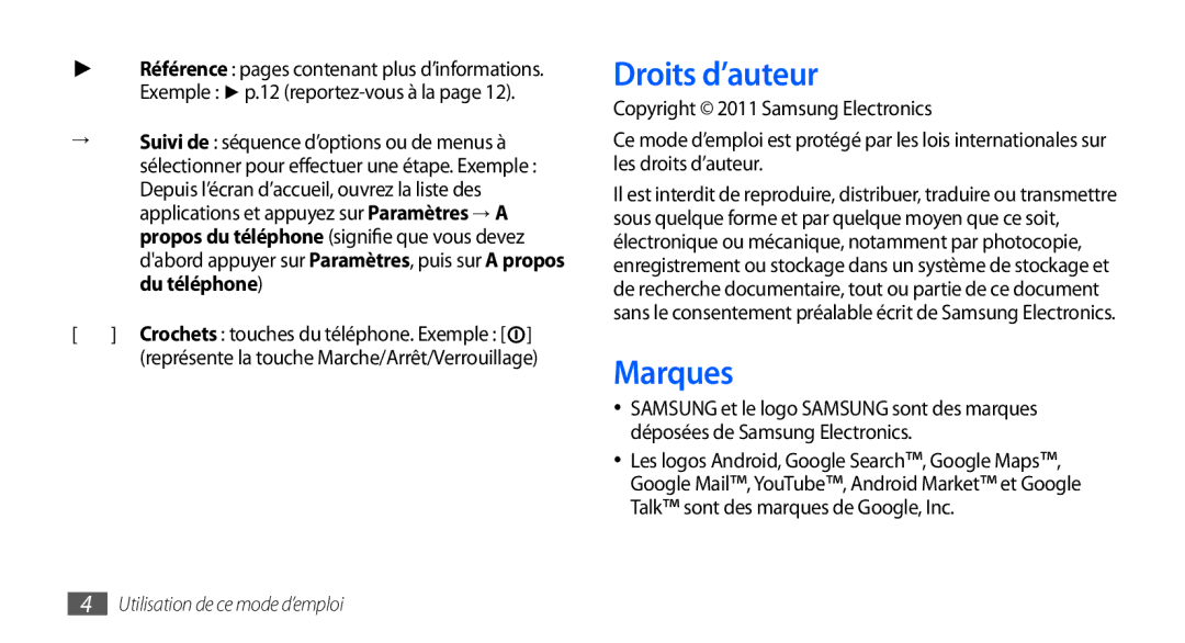 Samsung GT-S5570EGAXEF, GT-S5570EGABOG, GT-S5570AAALPM, GT-S5570AAASFR, GT-S5570AAANRJ manual Droits d’auteur, Marques 