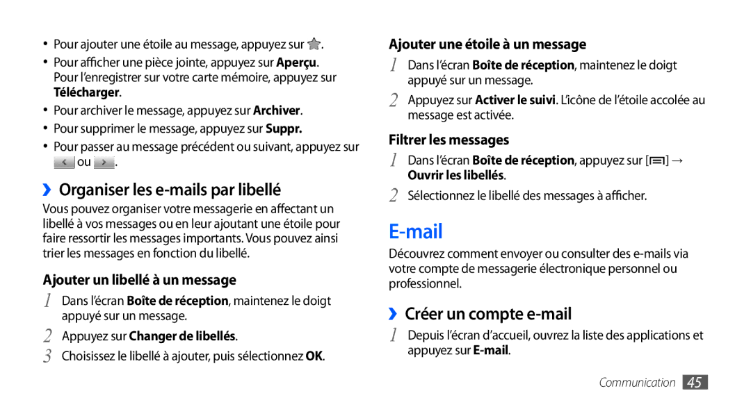 Samsung GT-S5570AAAMTL manual Mail, ››Organiser les e-mails par libellé, ››Créer un compte e-mail, Ouvrir les libellés 