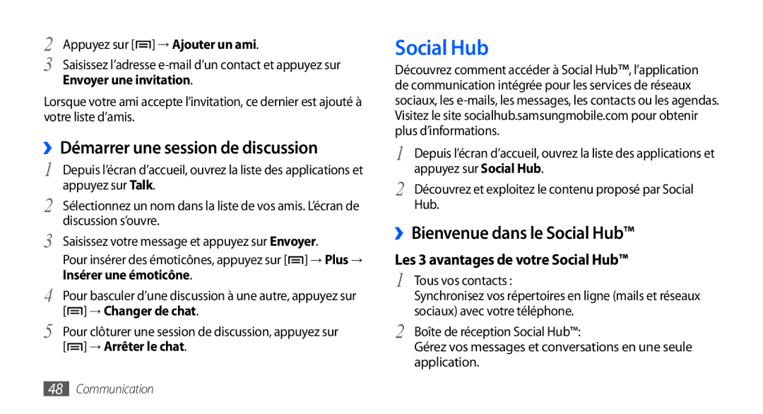 Samsung GT-S5570CWAGBL, GT-S5570EGABOG manual ››Démarrer une session de discussion, ››Bienvenue dans le Social Hub 