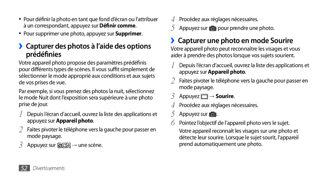 Samsung GT-S5570CWAMTL manual ››Capturer des photos à l’aide des options prédéfinies, ››Capturer une photo en mode Sourire 