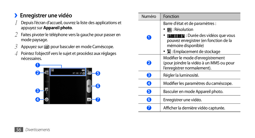 Samsung GT-S5570AAASFR, GT-S5570EGABOG ››Enregistrer une vidéo, Emplacement de stockage Modifier le mode d’enregistrement 