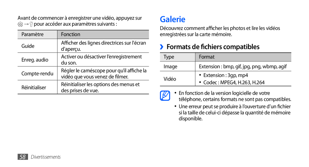 Samsung GT-S5570EGAXEF, GT-S5570EGABOG, GT-S5570AAALPM, GT-S5570AAASFR manual Galerie, ››Formats de fichiers compatibles 