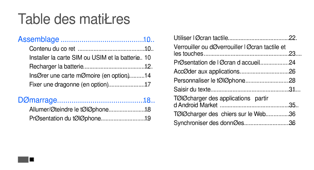 Samsung GT-S5570EGAFTM, GT-S5570EGABOG, GT-S5570AAALPM manual Table des matières, Télécharger des applications à partir 