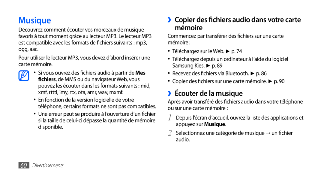Samsung GT-S5570EGAFTM manual Musique, ››Copier des fichiers audio dans votre carte mémoire, ››Écouter de la musique 