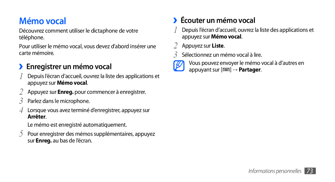 Samsung GT-S5570AAAGBL, GT-S5570EGABOG manual Mémo vocal, ››Enregistrer un mémo vocal, ››Écouter un mémo vocal, Arrêter 