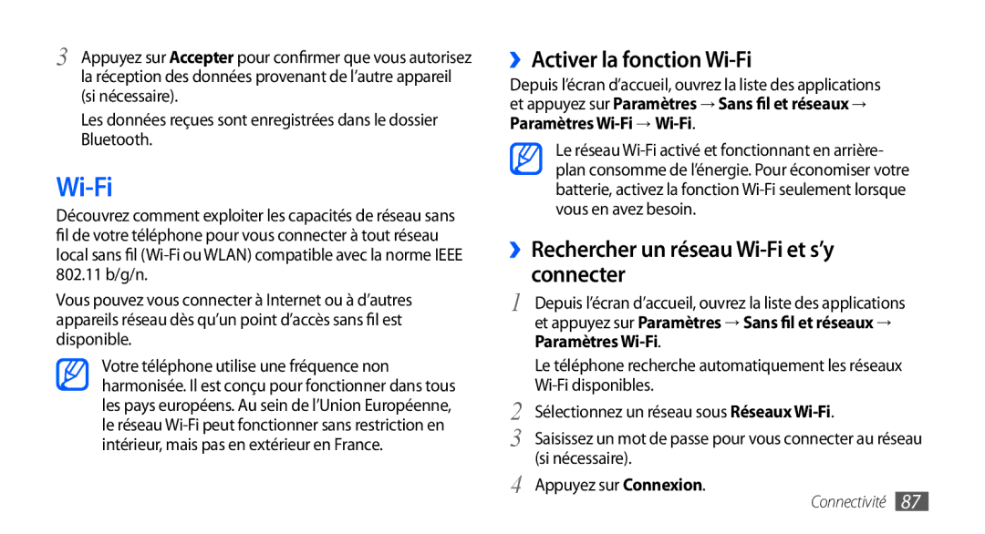 Samsung GT-S5570EGAFTM ››Activer la fonction Wi-Fi, ››Rechercher un réseau Wi-Fi et s’y connecter, Wi-Fi disponibles 