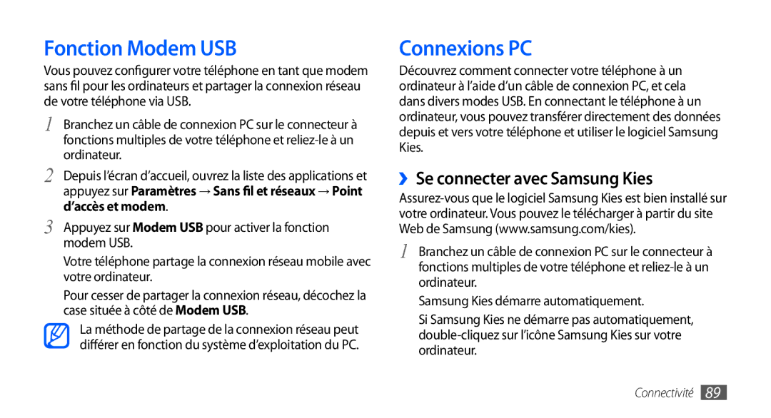 Samsung GT-S5570CWAFTM manual Fonction Modem USB, Connexions PC, ››Se connecter avec Samsung Kies, ’accès et modem 